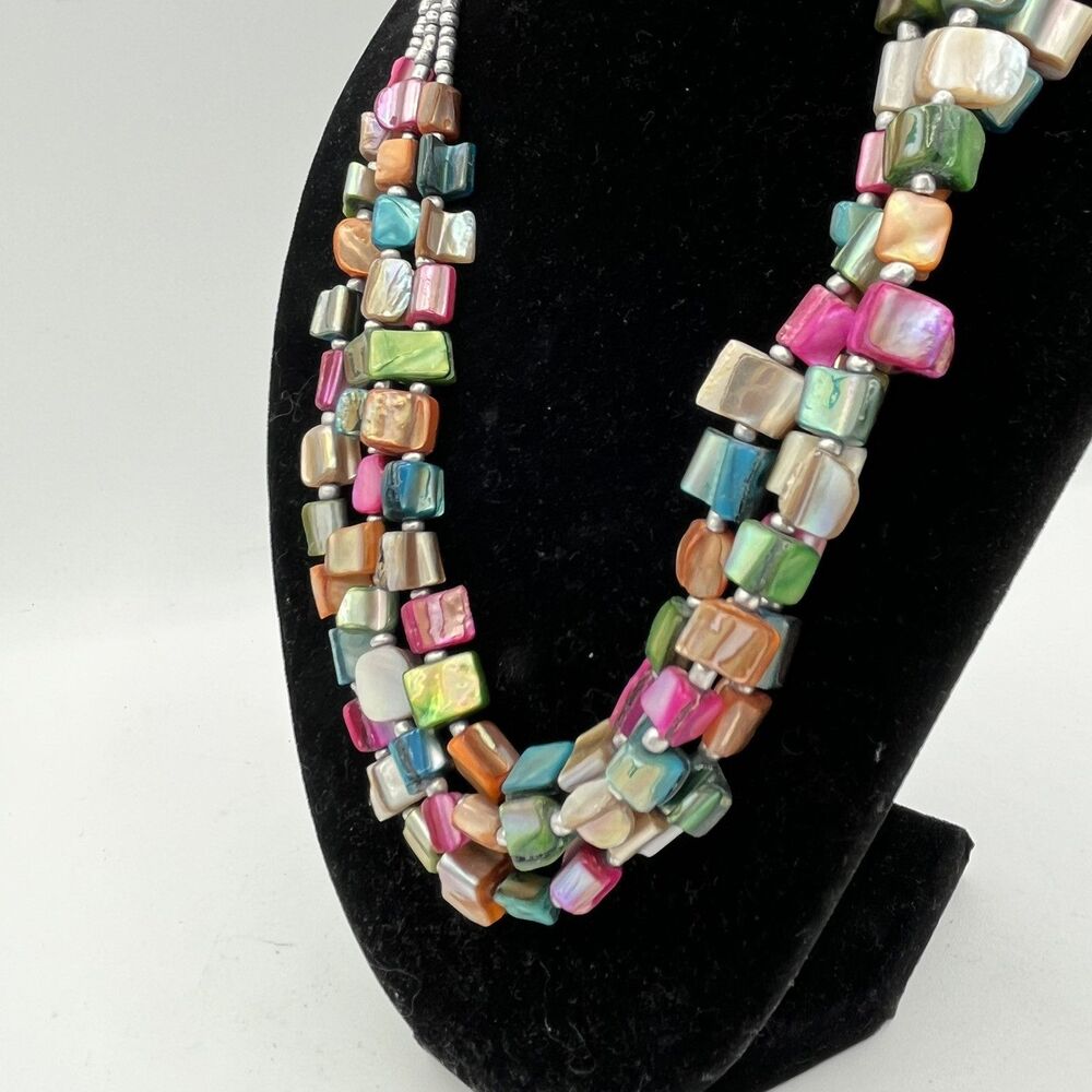 Vintage Mother of Pearl Style 3-strand Multicolored Necklace Stone Silver Tone